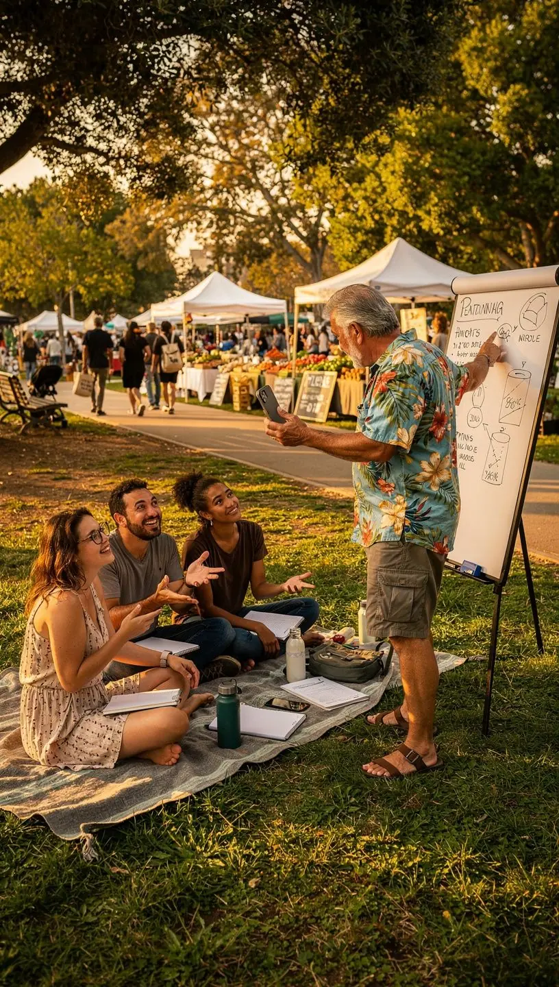Local market scene with vendors interacting and exchanging knowledge with visitors.