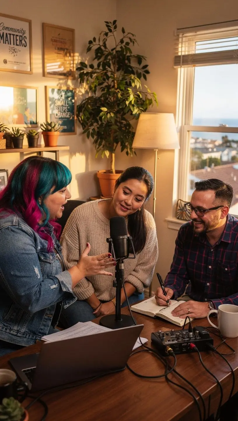 Diverse group of local community members discussing neighborhood development plans.