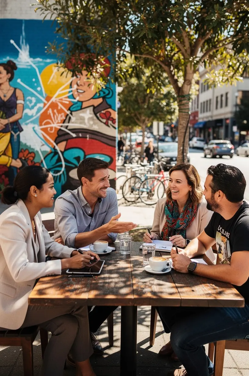 Close-up of hands typing on a laptop with a community blog page open.